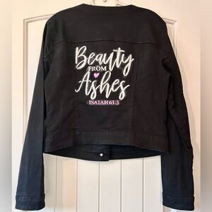 Upcycled Custom Elle Black Jean Jacket with White & Pink Hand Painted Script